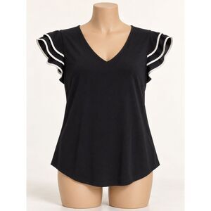 Adrianna Papell Black White Trim Flutter Sleeve V-Neck Blouse Women’s S